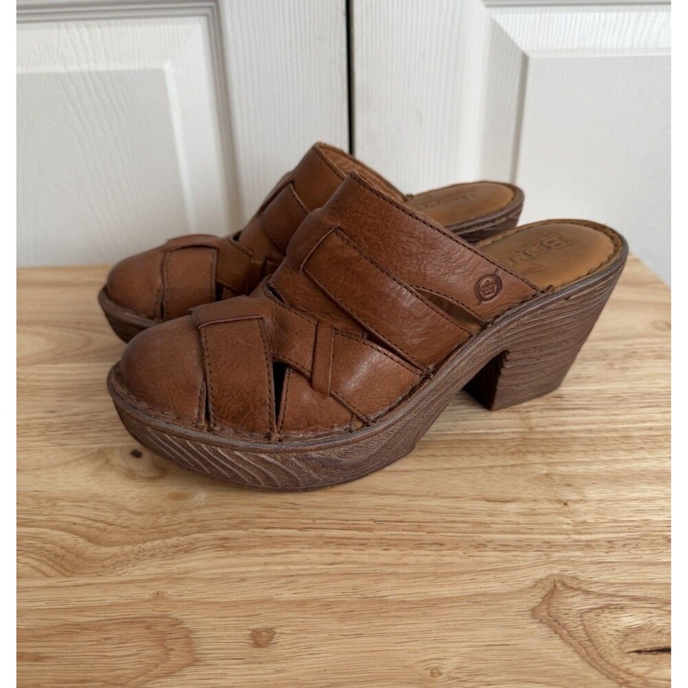 BORN Pollina Clogs Women 7 M Brown Leather Woven Chunky Platform Slip On Shoes